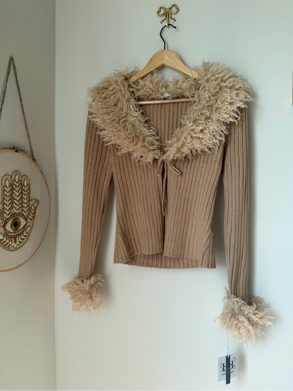 Haute Hippie Beige Ribbed tie front Cardigan with Faux Fur Trim